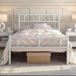 Yaheetech 3ft Single Bed Frames Metal Slatted Bed Platform with Arrow Design Headboard, Under-bed Storage, No Box Spring Needed, White