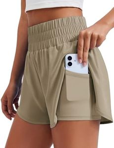 PINSPARK Woman's 2 in 1 Running Shorts 3.5" Athletic Training Shorts High-Waist Workout Gym Tennis Short Exercise Fitness Shorts with Liner Pocket, Dune Large