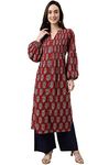 Janasya Women's Maroon Cotton Floral Block Print Straight Kurta(JNE4033-KR-L)