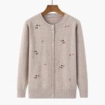 Mother Thickened Cashmere Cable Knitted Cardigan Sweater - Chunky Classic Middle-Aged Elderly Embroidered Jacket Top, Casual Loose Grandma Old Lady Knitwear Coat Winter Gift,Khaki,L