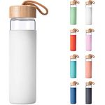 Yomious Borosilicate Glass Water Bottle with Bamboo Lid and Silicone Sleeve - 20 oz – BPA Free – Eco Friendly and Reusable – Leak Proof Design – Carry Strap Built Into Lid (White)