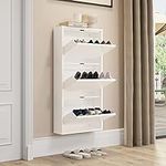 YITAHOME Metal Shoe Cabinet with 3 Flip Drawers, Wall Mounted & No-Assembly Steel Shoe Storage Cabinet, Steel Cabinet with Magnetic Gooseneck Drawer for Entryway, Hallway, White