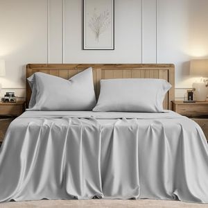 EVERGRACE Tencel Sheet Set King Size 4 Pieces，Soft Cooling Bed Sheets for Hot Sleepers, Eucalyptus Lyocell Luxury Breathable Bedding Set, 1 Fitted Sheet, 1 Flat Sheet, 2 Shams, Light Gray