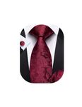 Barry.Wang Mens Burgundy Paisley Tie Set Necktie Handkerchief Cufflinks Wedding Party Business Wine Red