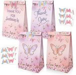 OundarM 24PCS Butterfly Paper Party Favor Gift Bags with Stickers Thank You for Fluttering by Treat Goodie Candy Storage Bags Bulk for Girls Kids Birthday Baby Shower Christmas Party Supplies