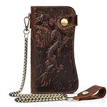 newsbirds Mens Wallet with Chain, Men's Genuine Leather Wallet and Zipper Coin Pocket with Chain 14 Credit Card Holder Genuine Leather Gents Wallets (Brown Dragon)