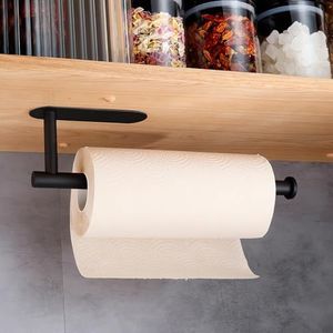 Kitchen Roll Hanger, Paper Towel Holder Under Kitchen Cabinet, Self Adhesive Paper Towel Holder Wall Mount, Stainless Steel Paper Towel Rack for Kitchen, Bath, Cabinet, Toilet (Black)