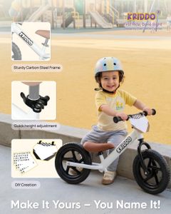 KRIDDO Toddler Balance Bike, 12-Inch, Custom Plate, White – Ages 2-5