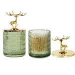 Fvstar Glass Apothecary Jars with Lids,Qtip Holder Bathroom Set,2pcs Cute Qtip Storage Jars with Gold Lid,Bathroom Vanity Accessories Storage Canister Organizer for Cotton Swabs,Rounds,Balls,Green