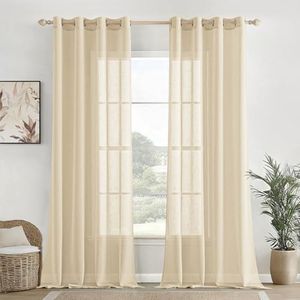 HOMEMONDE Transparent Sheer Cotton Curtains - Solid Texture Drapes (Top Style - Eyelets) (Light Almond, 7 FT - Door)