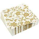 100 Pack Gold and White Floral Paper Napkins, Disposable Party Napkins, Soft Serviettes for Wedding, Anniversary Party Supplies, 16.5 x 16.5 cm