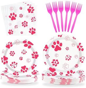 96Pcs Pink Dog Paw Print Birthday Party Supplies Pink Paw Paper Plates Napkins Forks Puppy Birthday Decorations Disposable Tableware Set for Puppy Themed Party Birthday Baby Shower, Serves 24