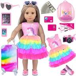 American Doll Clothes and Accessories Travel Suitcase Playset for American 18 Inch Girl Doll with Dolls Clothes, Backpack, Camera, Ipad, Phone, Sunglasses, Shoes, Gift for 3 to 7 Year Olds