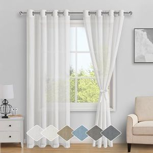 DWCN Sheer Linen Curtains White with Tiebacks, Eyelet Semi Blended Sheer Curtains Privacy Vertical Window Curtains & Drapes with Light Through for Bedroom Living Room, Each W132cm x D214cm, Set of 2