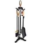 COSTWAY 5 Piece Fire Tools Set, Iron Fireplace Fireside Companion Brush, Poker, Shovel and Tong (Brass + Black)