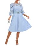 IWFEV Lace Pleated Dress Puff Sleeve Mid-Calf Short Sleeve Midi Dress Hollow Party Evening Dress M Light Blue