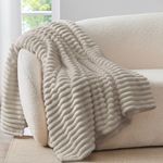 BEDELITE Fluffy Fleece Throw Blanket, Striped Decorative Soft Warm Gift for Sofa Bed Couch, Throw Size, Linen Beige