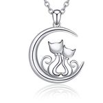 Cat Necklace Sterling Silver Mother and Daughter Cats on Moon Pendant Necklace Jewellery Birthday Christmas Mothers Day Gifts for Women Girls Mum Daughte