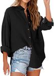 NOLLSOM Casual Shirts for Women Long Sleeve Button Down Blouses Fall 2024 Solid Color Trendy Tops with Pocket, Solid Black, Large