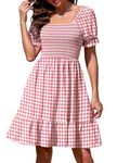 WEACZZY Women's 2024 Bohemian Summer Plaid Light Pink Square Neck Puff Sleeve Sexy Flowy Ruffle Beach Bridal Shower Dress,Pink Grid,Medium