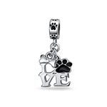 BFF Pet Animal Lover Black Dog Cat Puppy Kitten I Love You Paw Print Dangle Charm Bead Women Teen Enamel .925 Silver Fits European Bracelet