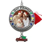 BANBERRY DESIGNS Annual Merry Christmas Ornament - Dated 2019 Family Xmas Picture Photo Ornament - Vintage Red Pick Up Truck Charm with Holiday Tree