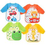 Vicloon Bibs with Sleeves, 4 Pcs Baby Waterproof Weaning Toddler Bib, Long Sleeve Bib Unisex Feeding Bibs Apron for Infant Toddler 6 Months to 3 Years Old