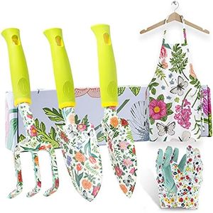 STANEW Kit Jardinage Adulte de 5 pièces avec imprimé Vert- truelle de Pelles,Râteaux,Transplanter,avec Tablier et Gant, Cadeau de Jardinage Parfait pour Les Femmes, Les Personnes âgées