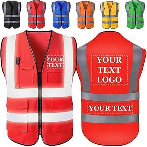 Custom Safety Vest Personalized Logo/Text/Name Customize High Visibility Vests with Pockets and Zipper Bulk for Women Men Work-Red