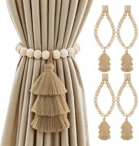 YISARSH No Drill Curtain Tiebacks with Strong Magnetic Closure, Natural Wood Beads Boho Holdbacks with Triple Tassels for Living Room, Bedroom, Office Drapes,Set of 4,Taupe
