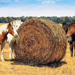 GarveeLife 6x6 ft Large Round Bale Hay Net for Horses, Heavy Gauge Knotless Slow Feed Hay Net with 2 in Holes, Perfect for Livestocks, Cattle, Sheep in Farms and Pastures, Black