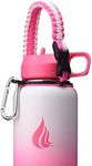 HYDRO CELL Paracord Handle for Wide Mouth Water Bottles - Carrier Strap w/Attachment Ring and Carabiner Accessory. Compatible w/ 64oz, 40oz 32oz, 24oz, 18oz, 14oz Insulated Bottles (White/Pink)