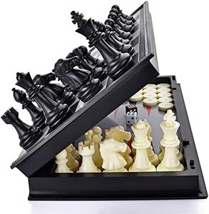 OkidSTEM 3 In 1 Magnetic Chess Draughts Backgammon Game Set, Travel Chess Game with Folding Board & 2 Extra Queens & Storage Bag for Pieces, Educational Board Game Gift for Kids & Adults
