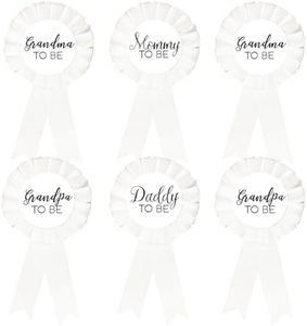 1 Mommy to be Tinplate Badge Pin Neutral, 1 Daddy to be, 2 Badges for Grandmas to be, 2 Badges Grandpas to be, Baby Shower Button New Mom Gifts Gender Reveals Party Baby Girl or Boy, White Rosette