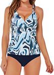 HAIVIDO Women's V Neck Tankini Set Criss Cross Back Tankini Top with Bikini Bottom Two Piece Bathing Suits Blue White Flower XL