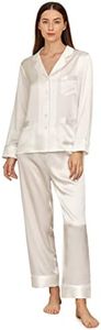 LilySilk 100% Silk Pajamas for Women 22 Momme Mulberry Silk Long Set V Neck Notched Collar with White Trimmed Natural White M