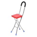 Folding Cane Seat for Women and Men, Stainless Steel Four Legs Stool Crutch Chair, Anti-Slip Lightweight Walking Stick Chair for Seniors Outdoor Travel Aids(red)
