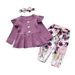 Infant Baby Girl Clothes Outfits Long Sleeve Tops Ruffle Floral Pants Headband 3pcs Set Purple 9-12 Months