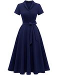 Wedtrend Navy 50's Vintage Style Dress V-Neck Ladies Church Dress with Sleeves Flare Retro Prom Dress Midi 50s Audrey Style Work Tea Dress for WomenCWTP30001NavyXS