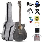 Winzz 3/4 Acoustic Guitar, Beginners Guitar for Kids and Adults, Folk Guitar Black-grey 36 Inches with Steel-string