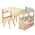 Kids Art Table and 2 Chairs with Roll Paper, Craft Table with Large Storage Shelves, Drawing Desk, Kids Activity Table and Study Table, Activity & Crafts for Children Wooden Furniture