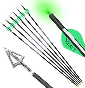 KEAUP 31 inch 100% Carbon Arrows and Broadheads .244/6.2mm Lighted Nocks Set, 6 Pack Hunting Compound Bow and Recurve Bow Shaft Spine 300/350/400/500 (Spine 350, Green)