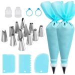 Preptep Piping Bags and Tips Set, Reusable Cake Decorating Supplies with 2 Reusable Bags, 12 Icing Tips, 2 Silicone Rings, 2 Couplers and 3 Scrapers, Cake Baking Tools for Cookie Icing Cupcakes
