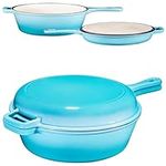 Enameled Blue 2-In-1 Cast Iron Multi-Cooker By Bruntmor – Heavy Duty 3 Quart Skillet and Lid Set, Versatile Healthy Design, Non-Stick Kitchen Cookware, Use As Dutch Oven Frying Pan