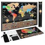 Scratch Off World Map Poster + Deluxe United States Map North America - Includes Complete Accessories Set & All Country Flags - Premium Wall Art Gift for Travelers