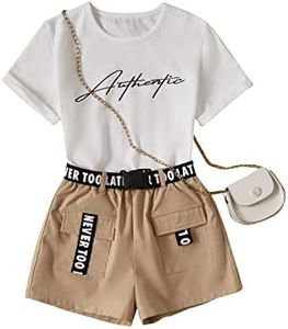 OYOANGLE Girl's 2 Piece Outfits Letter Graphic Round Neck Tee Shirt and Buckle Belted Shorts Set Khaki 10Y