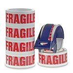 Fragile Tape & Dispenser | 6 Rolls 48mm x 50m Fragile Packing Tape | Fragile Tape For Packing Boxes | Strong Parcel Tape For Moving with 'Fragile' Print | Easily Seals Parcels & Boxes