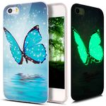 iPhone 5S Case,iPhone SE Case,iPhone 5 Case,ikasus Ultra Thin Soft TPU Art Painted Luminous Soft Silicone Rubber Bumper Case,Crystal Clear Soft Floral Silicone Case for iPhone 5S 5 SE,Blue Butterfly