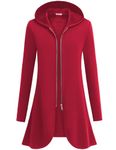 Zeagoo Women's Long Zip Up Hoodie Light Oversized Thin/Fleece Tunic Hooded Sweatshirt Jacket with Pockets Red