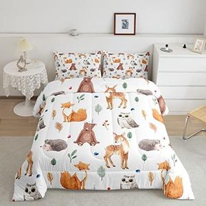 Feelyou Kids Cartoon Fox Comforter Set Cute Bear Bedding Set for Boys Teens Decor Kawaii Owl Print Comforter Botanical Leaf Pattern Duvet Set Bedroom 2Pcs Twin Size